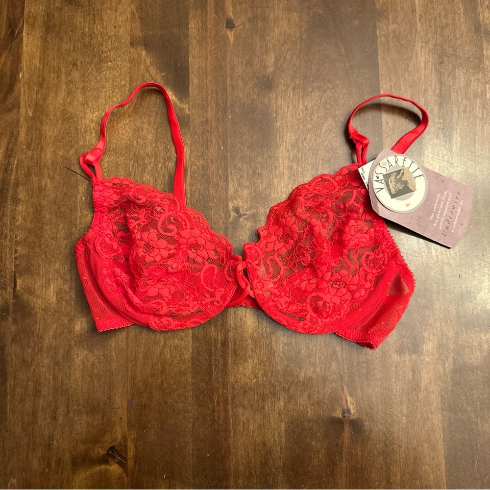 New‎ Vintage Vassarette Bra 34B Red Lace Sexy Lingerie Sheer Valentines Day ❤️